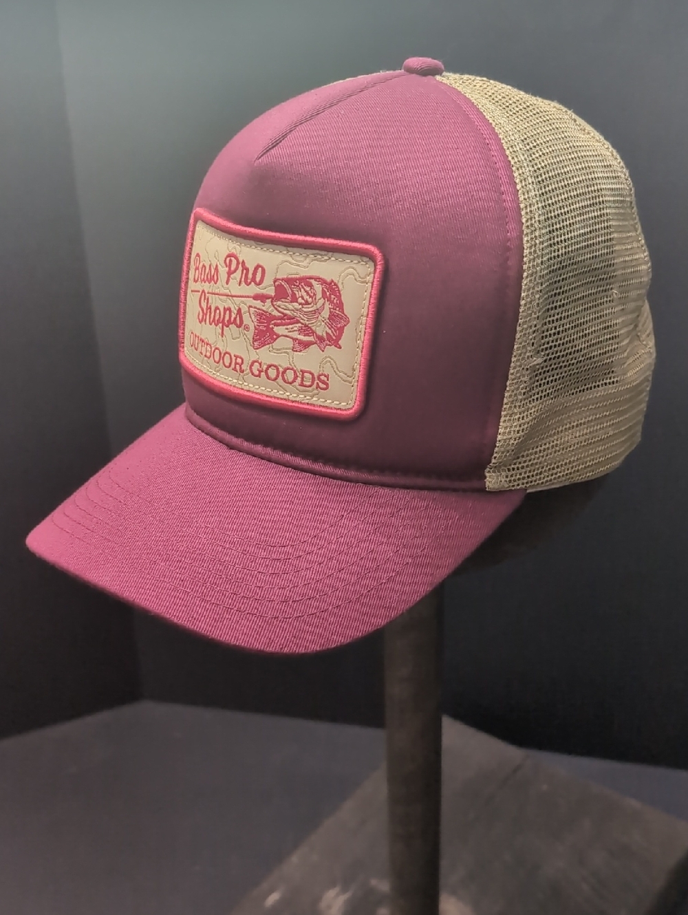 Bass Pro Shops,Gone Fishing ,Magenta /Tan Mesh Snapback Trucker Hat.